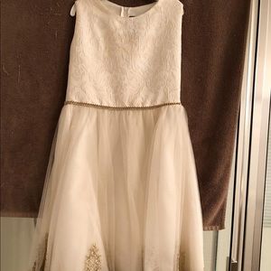 Girls white lace formal dress with gold trim